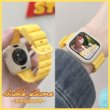 适用iwatchS10泡泡液态硅胶套装表带applewatchS9/8/7/6/5/4/SE2夏季运动苹果手表Ultra男女新款透气小众腕带