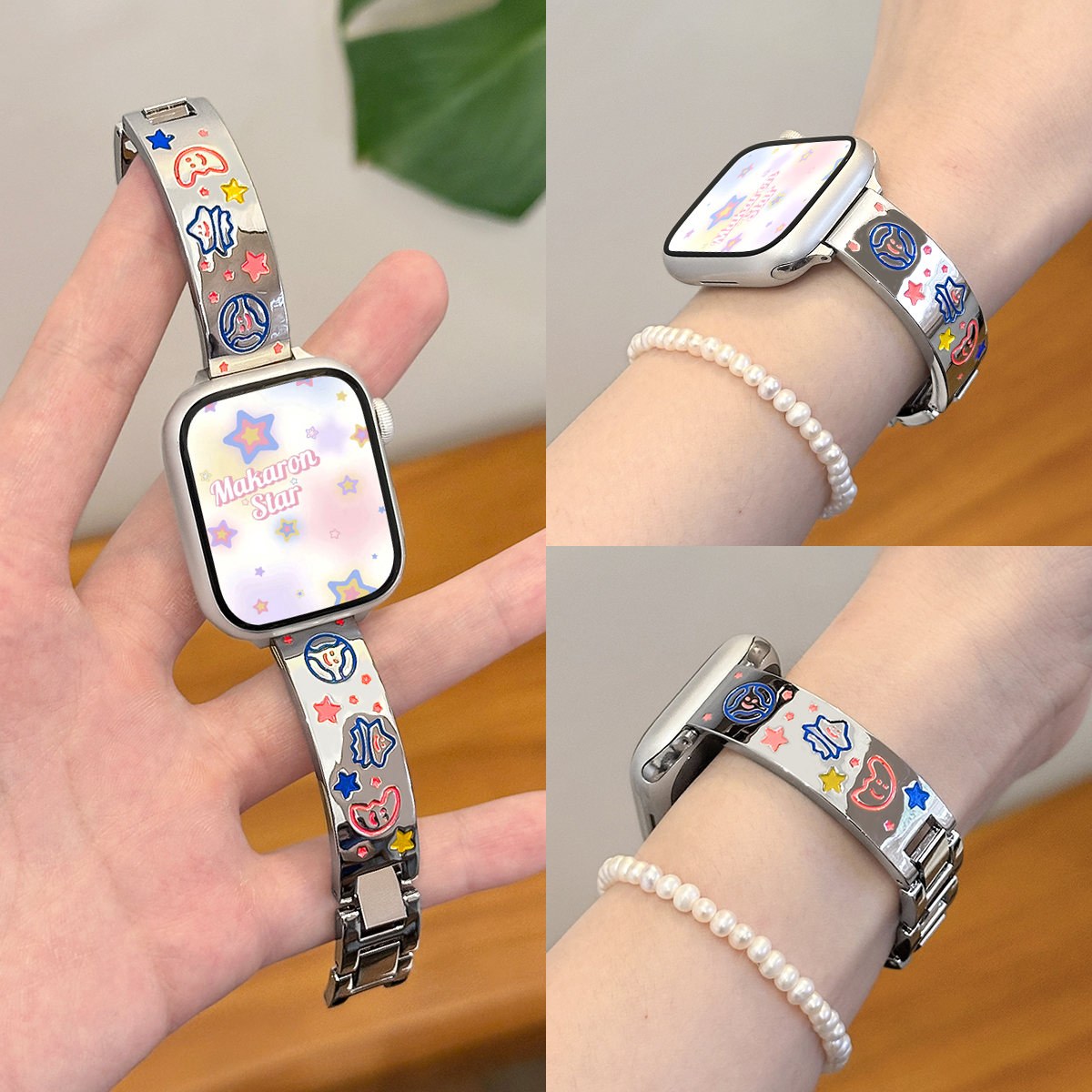 适用iWatch星球涂鸦风金属手镯