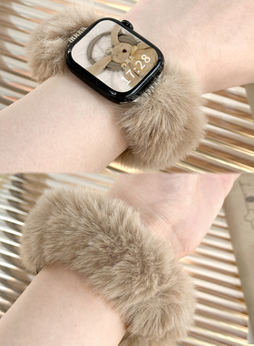适用applewatchS11/10仿兔毛发圈表带iwatch9/8/7/6秋冬新款SE毛绒绒弹力表带苹果手表ultra创意大肠毛绒腕带