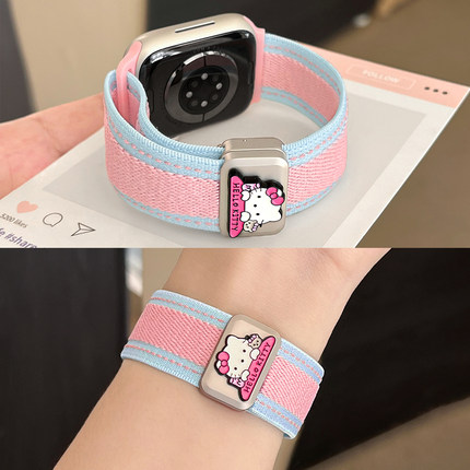 适用苹果手表S10拼色KT猫尼龙磁吸扣表带applewatch9/8/7/6/se尼龙回环腕带iWatch可爱卡通ultra弹力运动女夏
