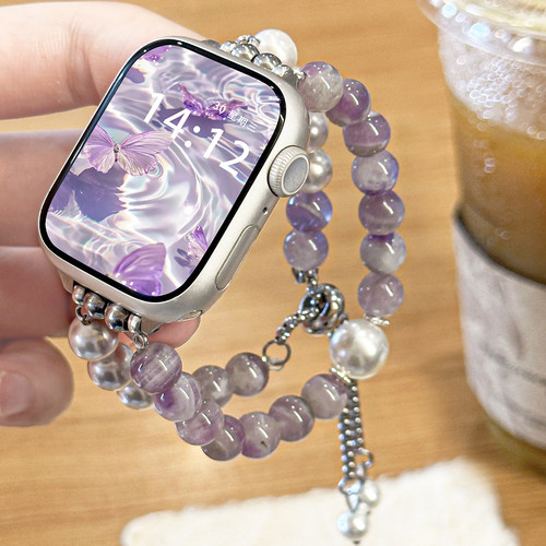 适用iWatch紫水晶仿珍珠手链表带