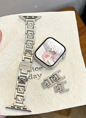 适用苹果S11手表KT猫滴油蝴蝶扣金属表带iWatch10可爱三珠不锈钢小蛮腰applewatch9/8/7/6可调节细SE腕带女夏