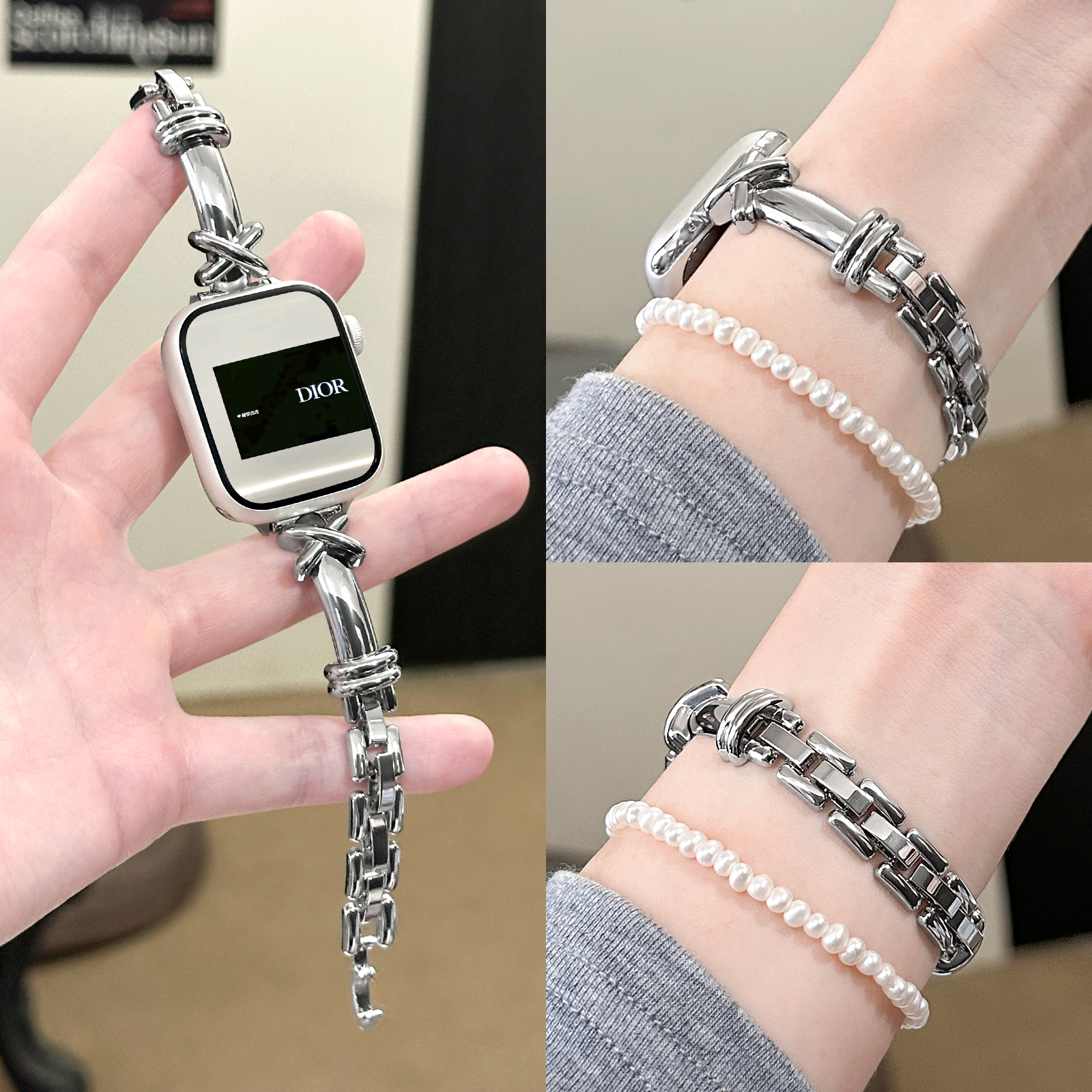 适用applewatch交叉手镯款金属表带iWatchS10/9/8/7/6设计感气质小蛮腰苹果手表ultra不锈钢小众细款se女腕带