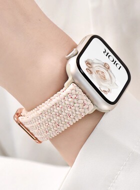 适用applewatchS11编织单圈表带iwatchS9/8手表小蛮腰编织尼龙滑扣款ultra代7/6/5/4/se可调节苹果手表女腕带