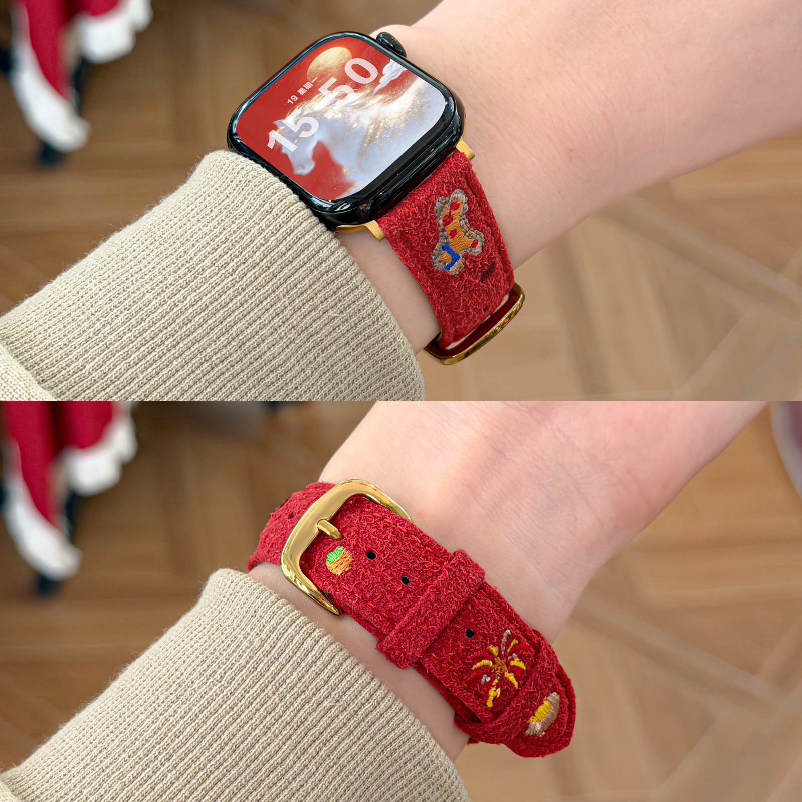 【新年纳福】红色刺绣羊绒小马适用applewatchS11真皮表带苹果手表ultra马年限定iWatch10/9/8丝绒皮质腕带