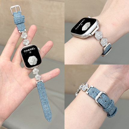 适用苹果手表山茶花钻拼牛仔金属表带iWatch9/8/7/6小蛮腰质感皮质腕带applewatchS10新款高级感细款小众女夏