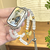 876新款 仿猫眼石可调节SE苹果手表ultra双链女腕带夏 适用applewatchS11质感串珠表带iWatch10 招财元 宝