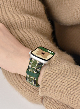 适用applewatchS9/10格纹毛呢皮表带iwatchS11高级新格子拼色小众表带苹果手表带8/7/6/5/4/se秋冬女圣诞新年