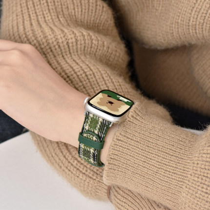 适用applewatchS9/10格纹毛呢皮表带iwatch高级新格子拼色小众表带苹果手表带S8/7/6/5/4/se秋冬女圣诞新年