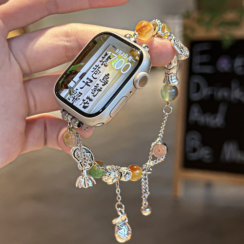 【清仓】适用于applewatchS10串珠表带福鱼iwatch新中式手链S9/8/se苹果手表765代ultra金属手链人造水晶表带