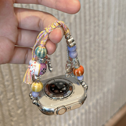 【陶瓷招财猫】适用applewatch新中式编绳表带iwatch S10/9新国风串珠表带苹果手表SE/8/7/6/5代可调节手链