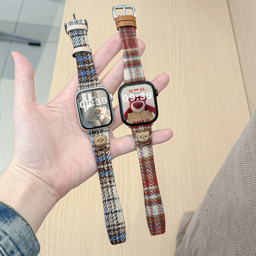 适用iWatch立体小熊毛呢格纹表带