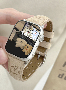 适用iWatchS11卡通小狗翻毛绒皮表带applewatch10/9/8苹果手表秋冬女SE高级ultra印花创意可爱小狗细款皮腕带