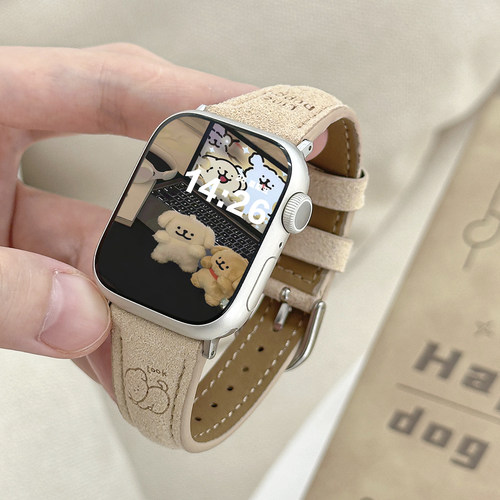 适用iWatch卡通小狗翻毛绒皮表带