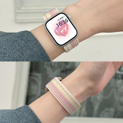 适用applewatch尼龙回环式表带S9/8 ultra官方同款2023彩虹星光苹果手表iwatch7/6/5/SE魔术贴运动编织新表带