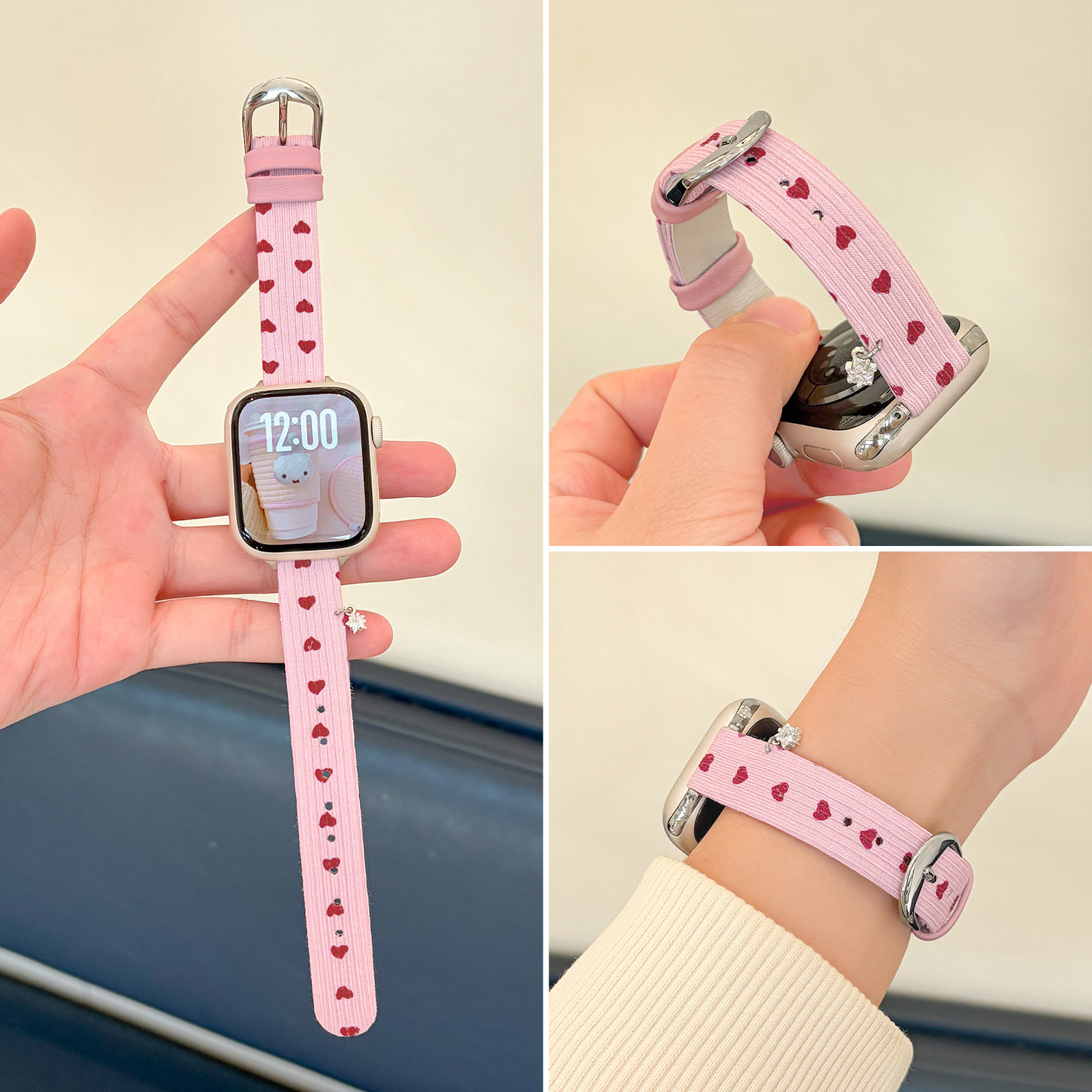 适用苹果手表11代爱心波点灯芯绒真皮表带applewatchSE星星挂饰细款iWatch10/9/8秋冬复古甜美小蛮腰皮质腕带