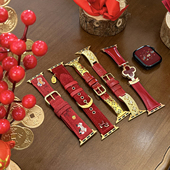 8ultra秋冬新年小蛮腰质感苹果手表SE皮腕带女 马年限定 适用applewatchS11中国红合集真皮表带iWatch10