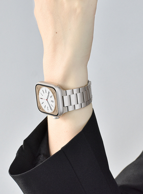 【轻薄款】适用applewatchS11金属三珠表带苹果手表8/10/9星光不锈钢表带iwatch6/5/SE钢表带ultra气质款男女