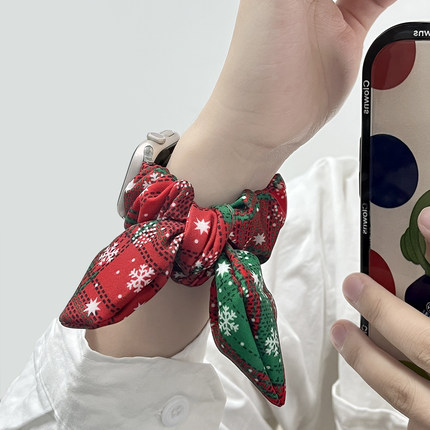 【圣诞发圈】适用iWatch10弹力发圈表带applewatch9/8/7/6苹果手表S11新年红氛围感雪纺大肠蝴蝶结秋冬SE表带