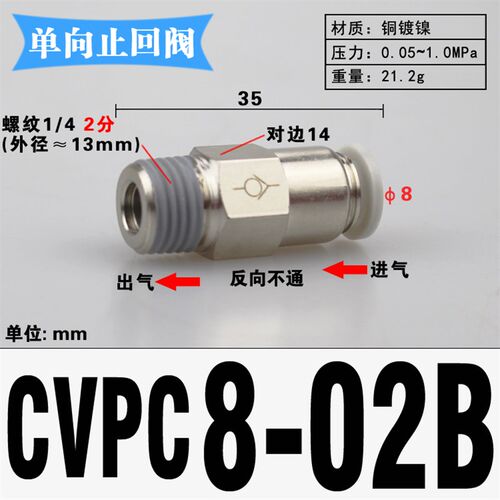 气管单向阀止回逆止阀CVPC04/6/8/10/12-M5/01/2/3/4气动快速接头