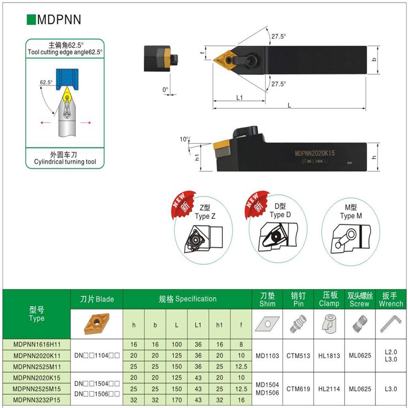 数控车床刀杆62.5度复合式外圆车刀MDPNN2020K11/2525M15 3232P15