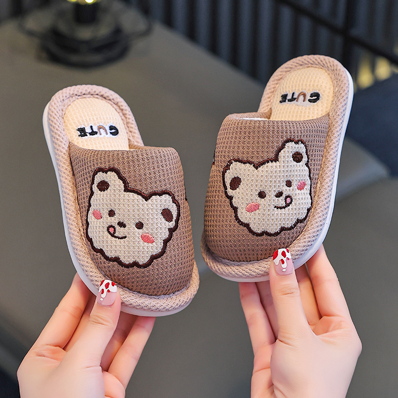 儿童棉拖鞋男童2025新款卡通可爱小熊居家室内棉麻防滑亚麻拖鞋女
