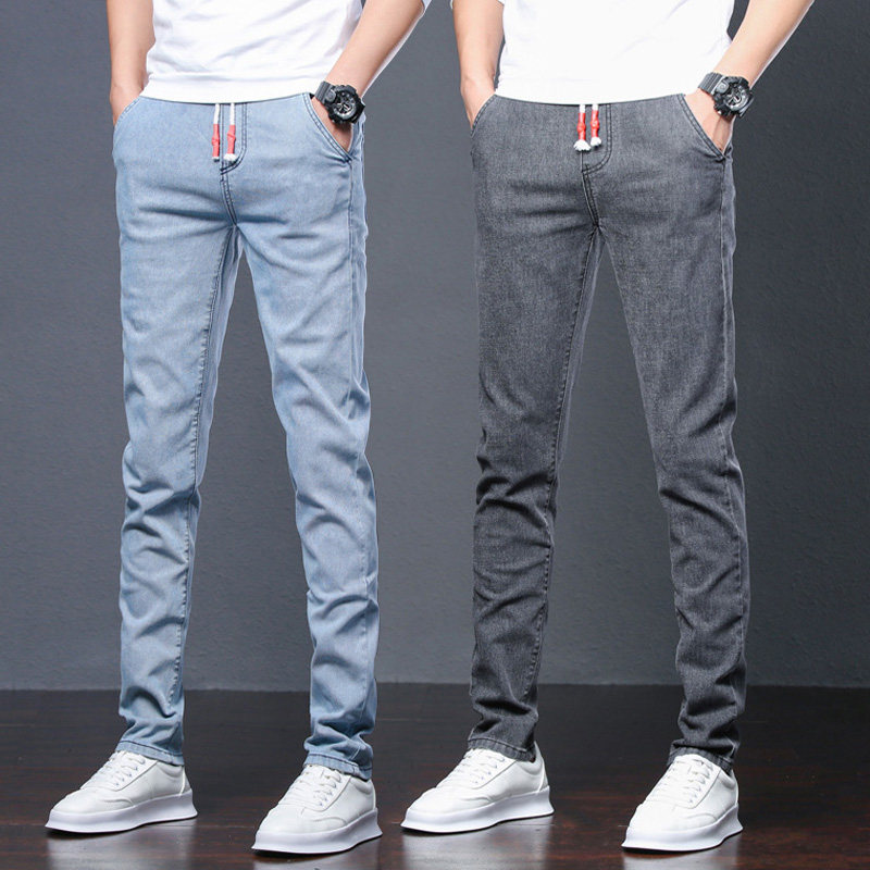 浅色灰色弹力松紧腰抽绳男长裤子青少年休闲牛仔裤男潮流直筒宽松