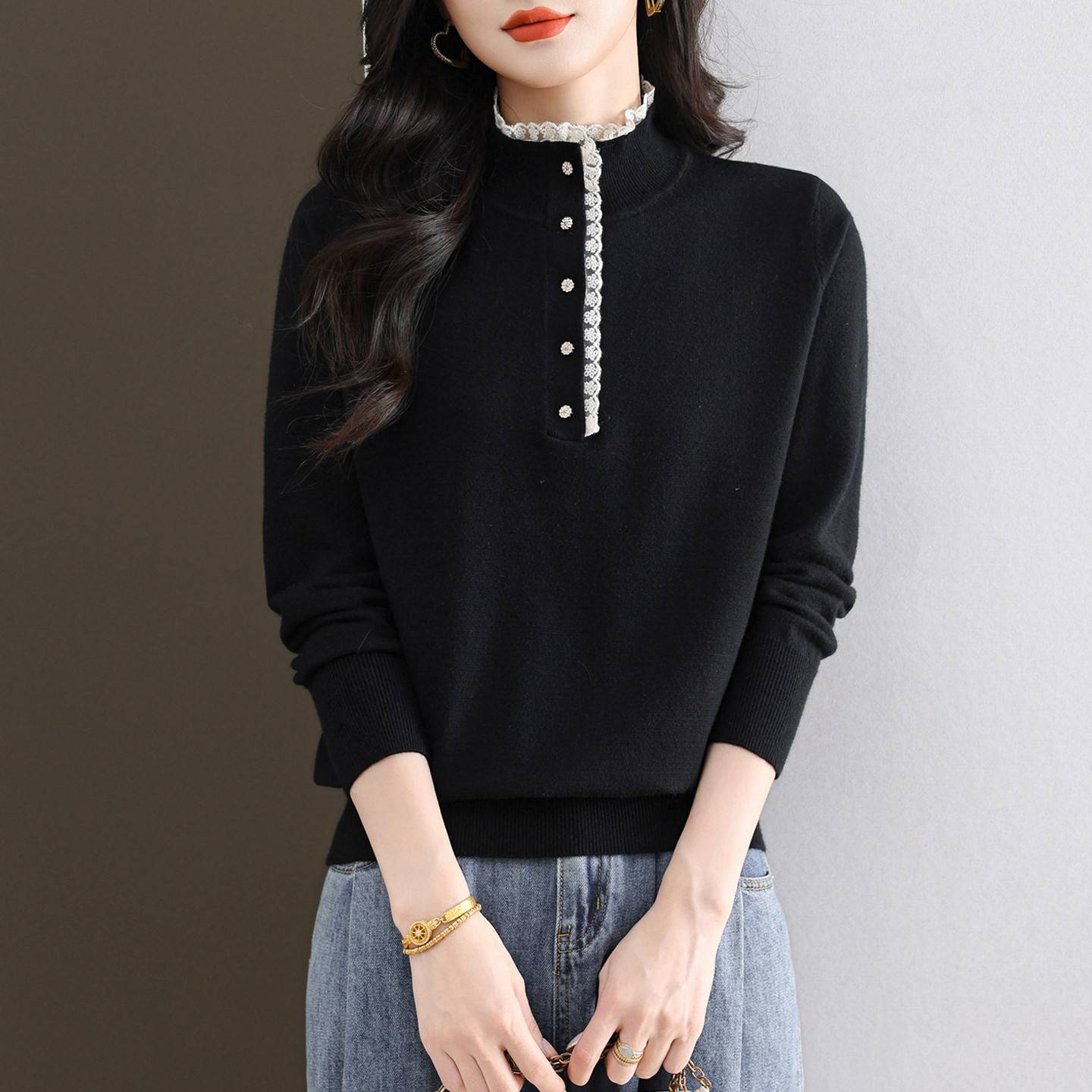 木耳边打底衫女内搭2025新款秋冬半高领灰色毛衣高级感针织衫上衣