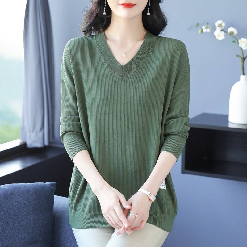中年妈妈春秋薄款冰丝针织衫女加肥加大码宽松遮肚子上衣长袖T恤