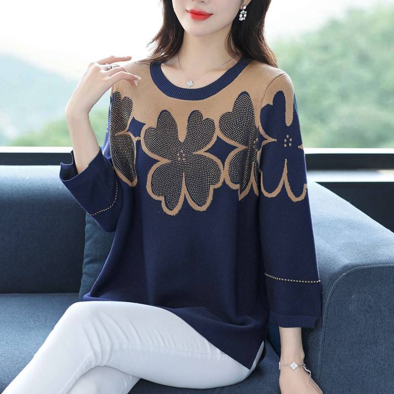 加肥特大码女装老年初秋上衣中年妈妈冰丝T恤高贵洋气针织衫遮肚