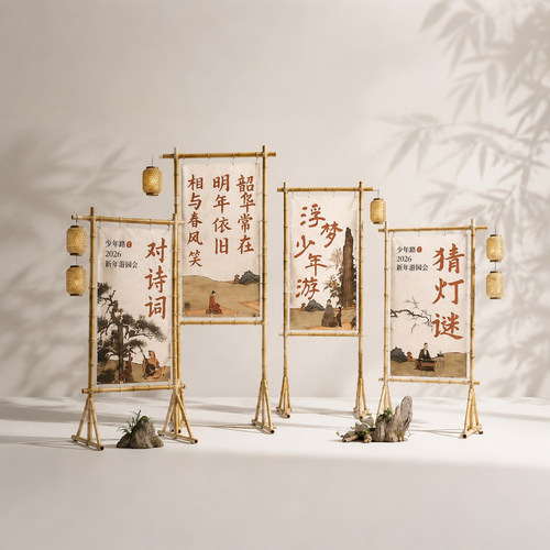 新中式竹架挂旗灯笼美陈打卡