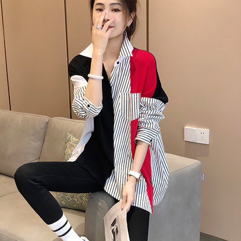 条纹拼接衬衫女宽松时尚设计感小众洋气上衣春装2022年新款欧洲站