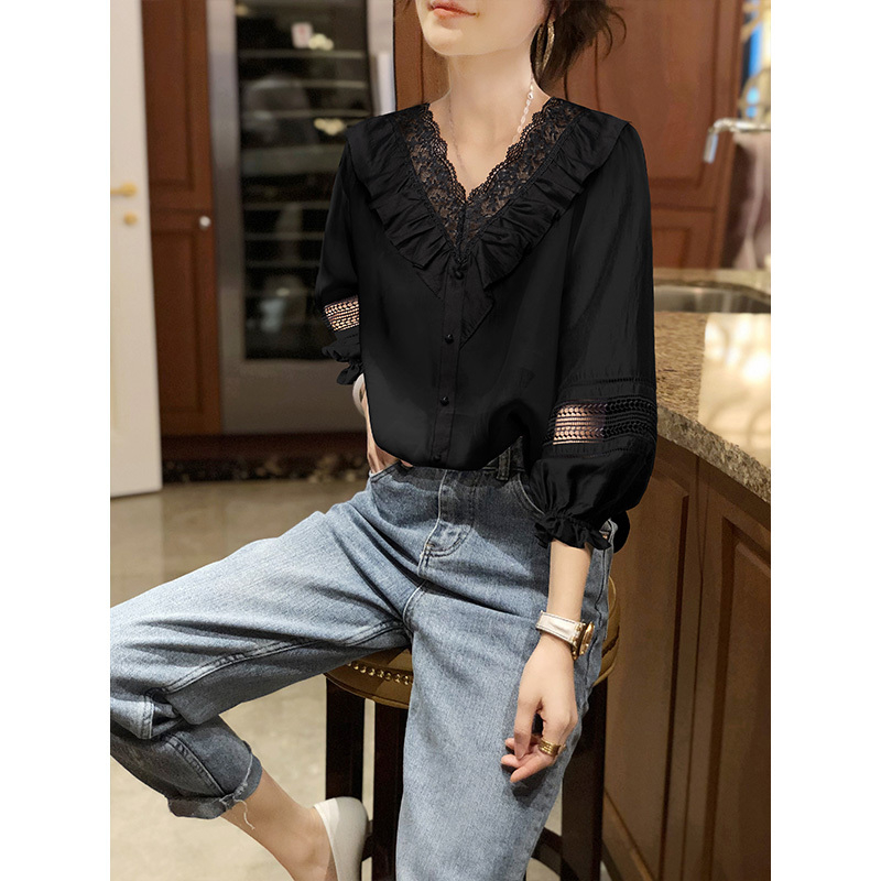 黑色蕾丝拼接衬衫女洋气减龄木耳边V领雪纺上衣2023秋季新款欧货