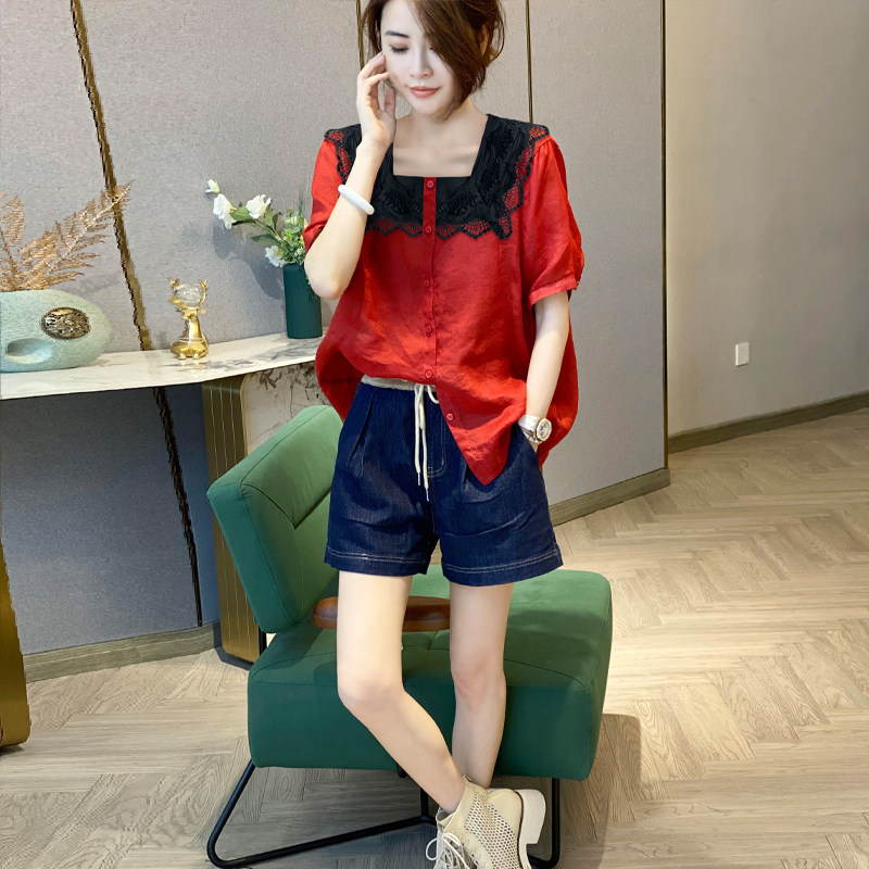 棉麻方领红色衬衫女短袖宽松高端蕾丝小衫欧货夏季2023新款欧洲站