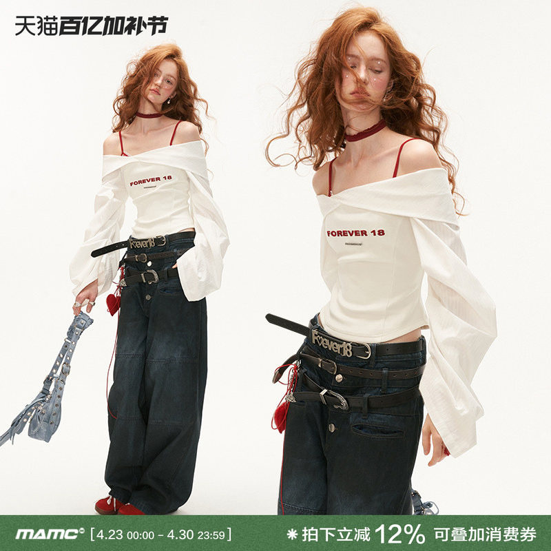MAMC灯笼袖暗纹白色衬衫女2024新款修身独特小众设计感一字肩上衣