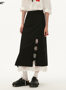 MAMC蝴蝶结蕾丝半身长裙2024秋季新款假两件黑色高级洋气半身裙