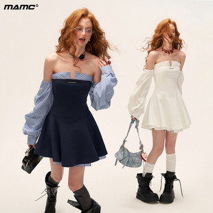 MAMC拼接格纹灯笼袖抹胸连衣裙2025秋季新款长袖收腰白色法式裙子