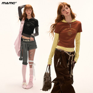 MAMC假两件波点连帽长袖t恤女2025秋季新款独特高级修身黑色上衣