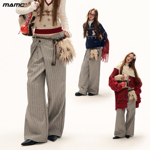 子 潮流宽松高级条纹灰色休闲直筒裤 MAMC解构拼接褶位西裤 秋冬新款