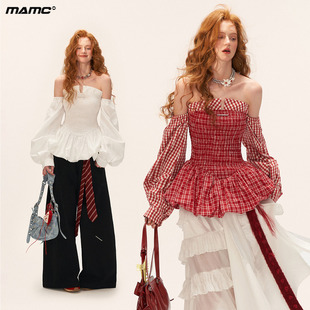 裙子 白色气质收腰长袖 MAMC条纹打揽抹胸泡泡裙连衣裙女秋季 新款