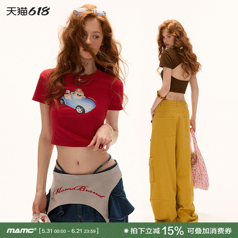 MAMC猫猫出行露背短袖t恤女2025夏季新款简约短款红色圆领上衣