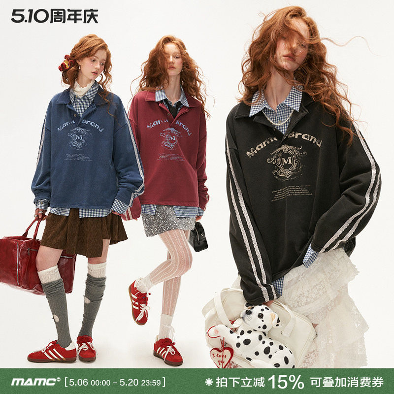 MAMC水洗蕾丝polo领卫衣女2024秋季新款美式休闲百搭宽松长袖上衣