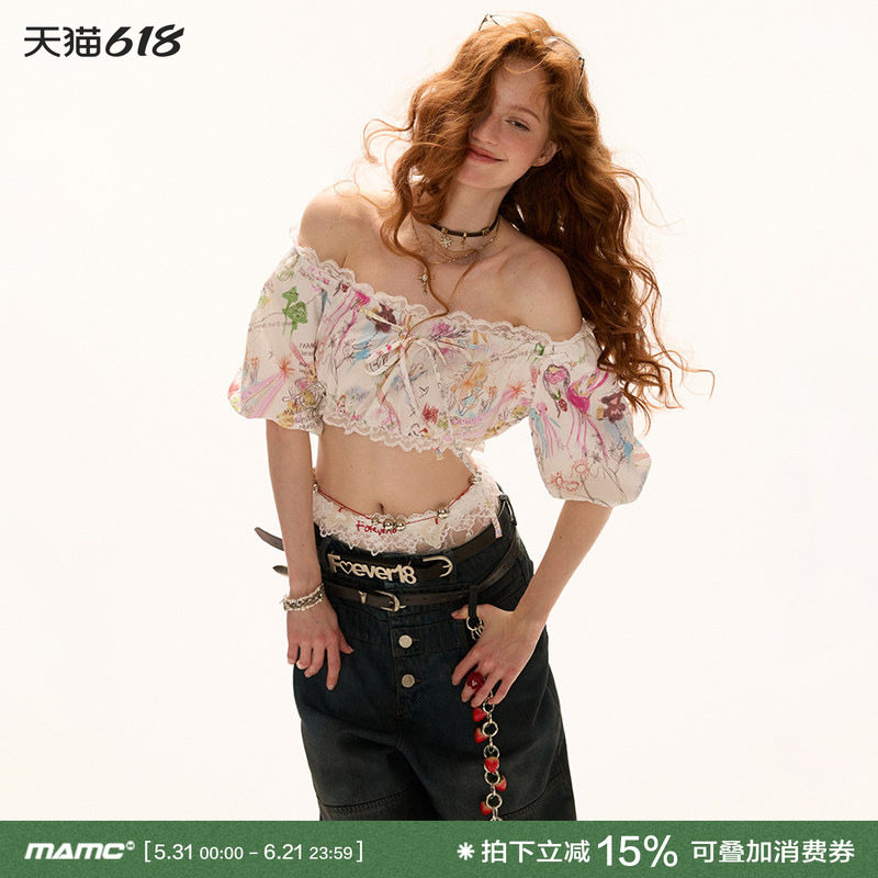 MAMC涂鸦泡泡袖一字肩背心夏季新款设计感绑带蝴蝶结短款抹胸上衣