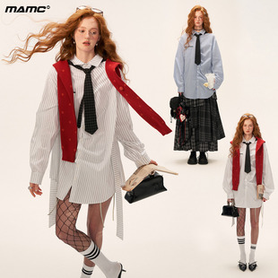 MAMC长款条纹蝴蝶结绑带白色衬衫女长袖衬衣宽松休闲慵懒通勤上衣