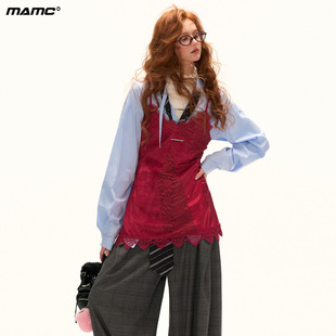 MAMC麂皮拼接蕾丝缎面背心吊带连衣裙女气质设计感秋季新款短裙