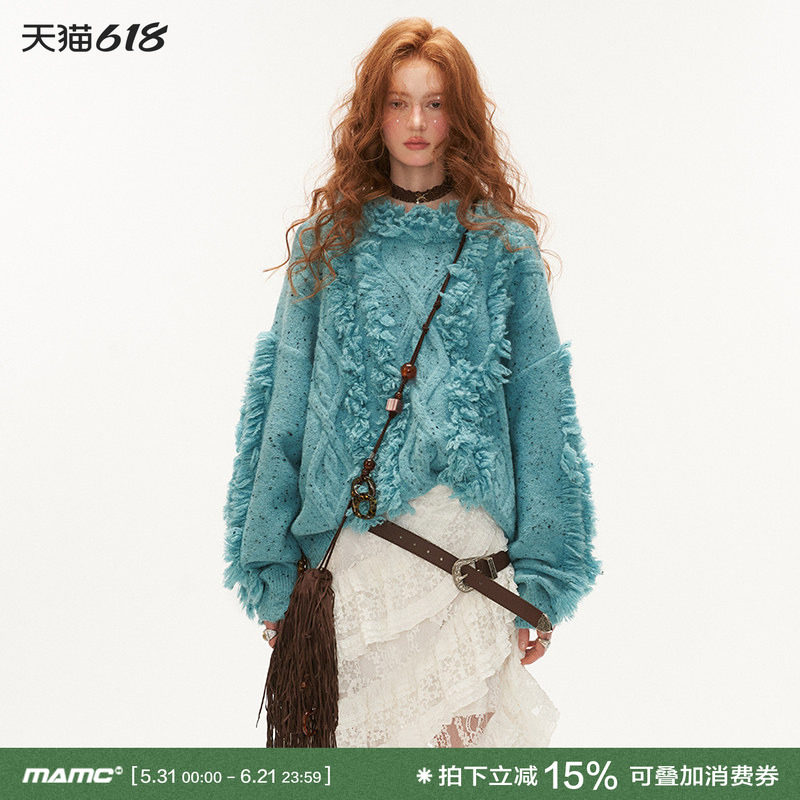 MAMC漏肩破坏流苏毛衣女款2024慵懒高级感秋季新款宽松针织衫上衣