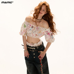 设计感绑带蝴蝶结短款 新款 抹胸上衣 一字肩背心夏季 MAMC涂鸦泡泡袖