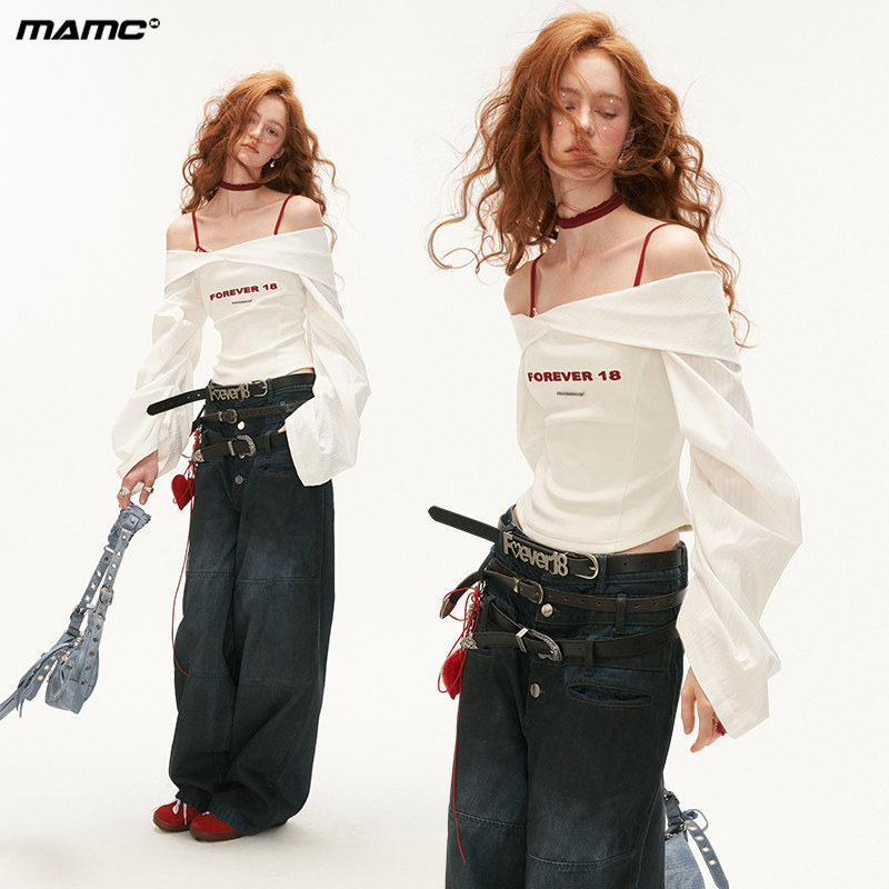 MAMC灯笼袖暗纹白色衬衫女2024新款修身独特小众设计感一字肩上衣