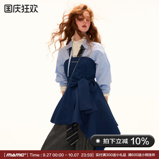 新款 藍色不規則收腰連衣裙女 抹胸裙2025秋季 MAMC蝴蝶結綁帶西裝