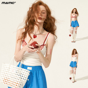 MAMC蕾丝格子胸衣吊带带胸垫背心女夏外穿2024新款 上衣 白色修身